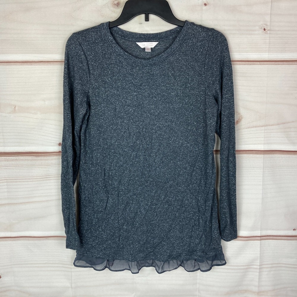 Lauren Conrad Top Womens XS Gray Long Sleeve Woven Hem T-Shirt Knit Crew Neck
